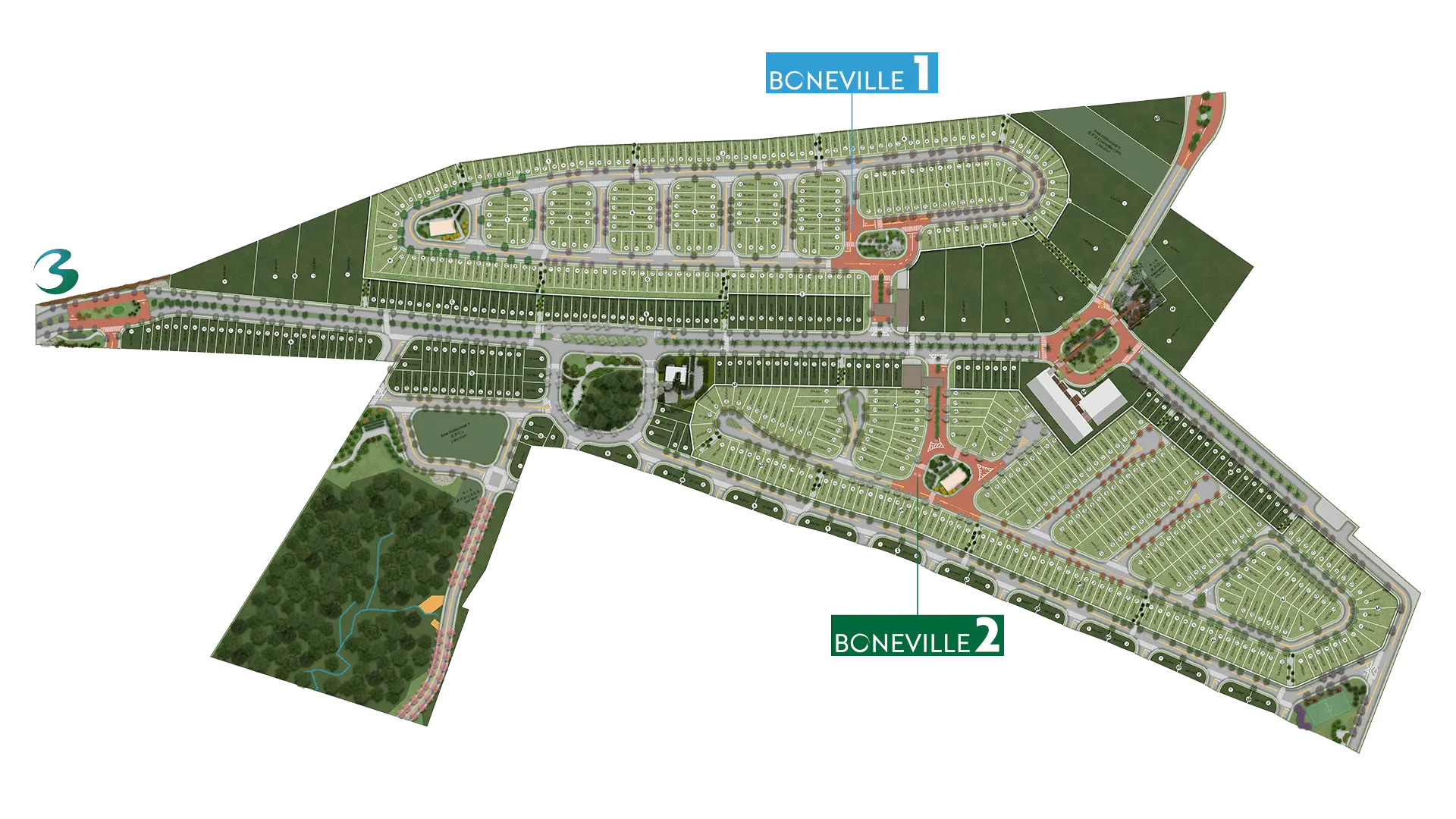 Implantação aérea do bairro Boneville, com a distribuição de áreas verdes, praças, lotes residenciais e comerciais